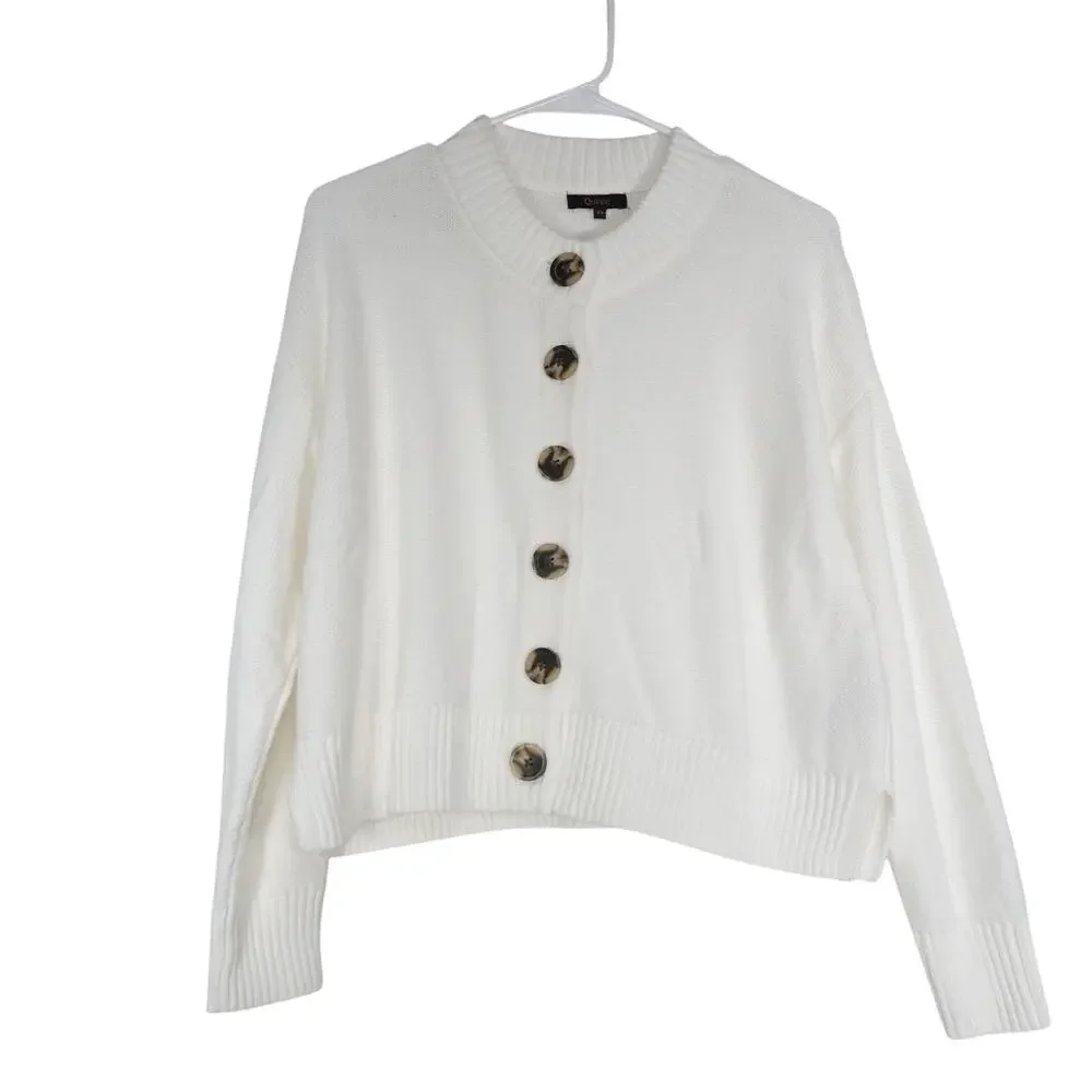 EUC Quince Women's XS Organic Cotton Cropped Cardigan Ivory Preppy Retro Boho